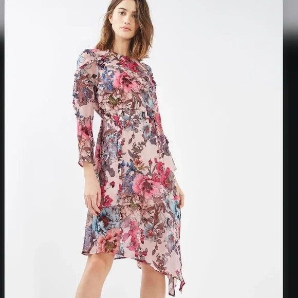 topshop sheer dress Topshop Sheer Lace Embroidered Babydoll Dress With 3/4 Sleeves Size 4 Ligth Pink